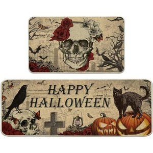 Halloween Kitchen Mat,  Non Skid Washable Set of 2, Skull (17"x29"&17"x47")
